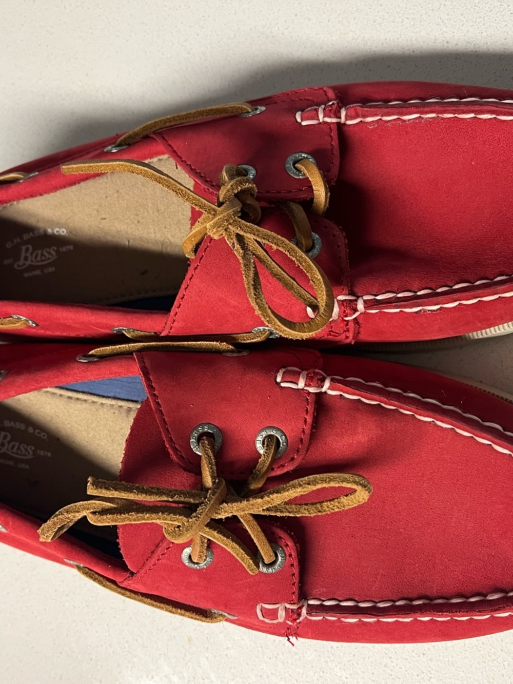 Bass Red Women’s Boat Shoes with Tan Laces